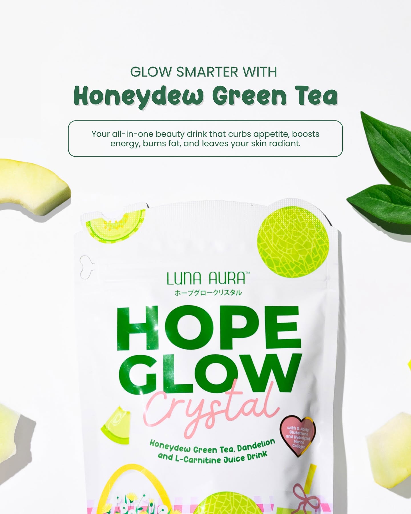Luna Aura - Hope Glow Crystal Honeydew Green Tea, Dandelion & L-Carnitine Juice Drink 10s