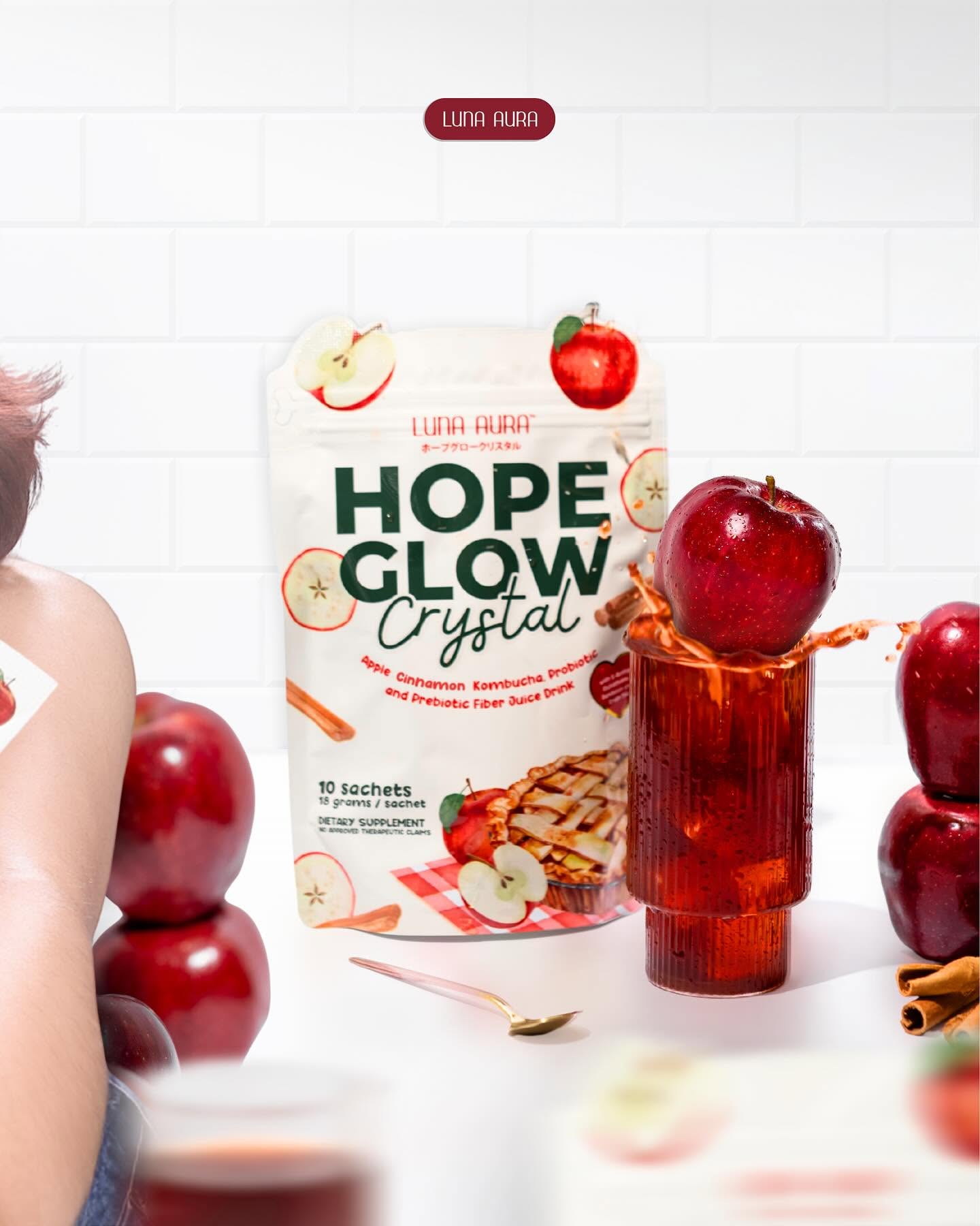 Luna Aura - Hope Glow Crystal Apple Cinnamon Kombucha, Probiotic and Prebiotic Fiber Juice Drink 10s